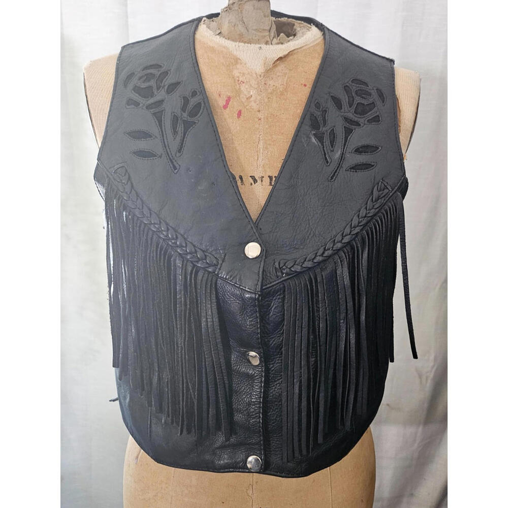 Yukon Jack Blk Women's Leather Biker Vest Rose Inlay sz L